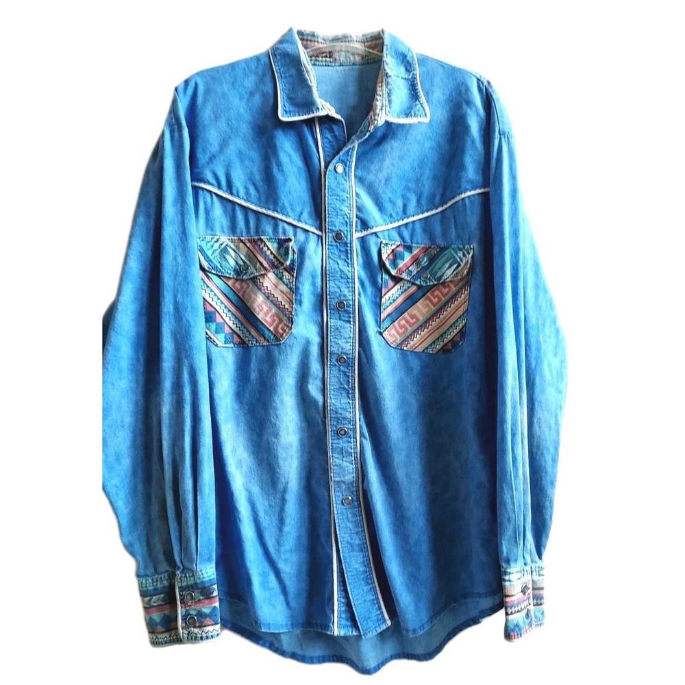 Vintage Handmade Mens Well Worn Western Pearl Snap LS Shirt W/Pockets Size XL